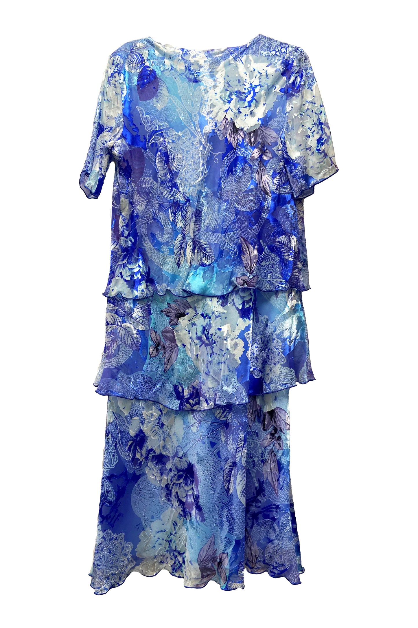 Allison Foliage Print Layered Detail Silk Dress - Royal Sky Blue - 4797-63