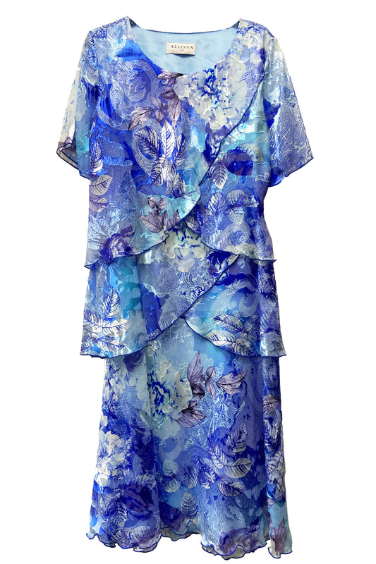 Allison Foliage Print Layered Detail Silk Dress - Royal Sky Blue - 4797-63