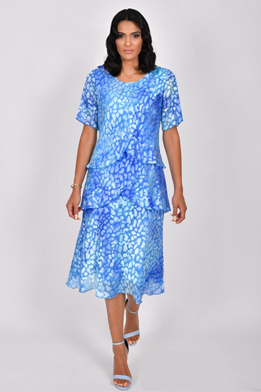 Allison Circle Print Layered Silk Dress Sky Blue 4797-48