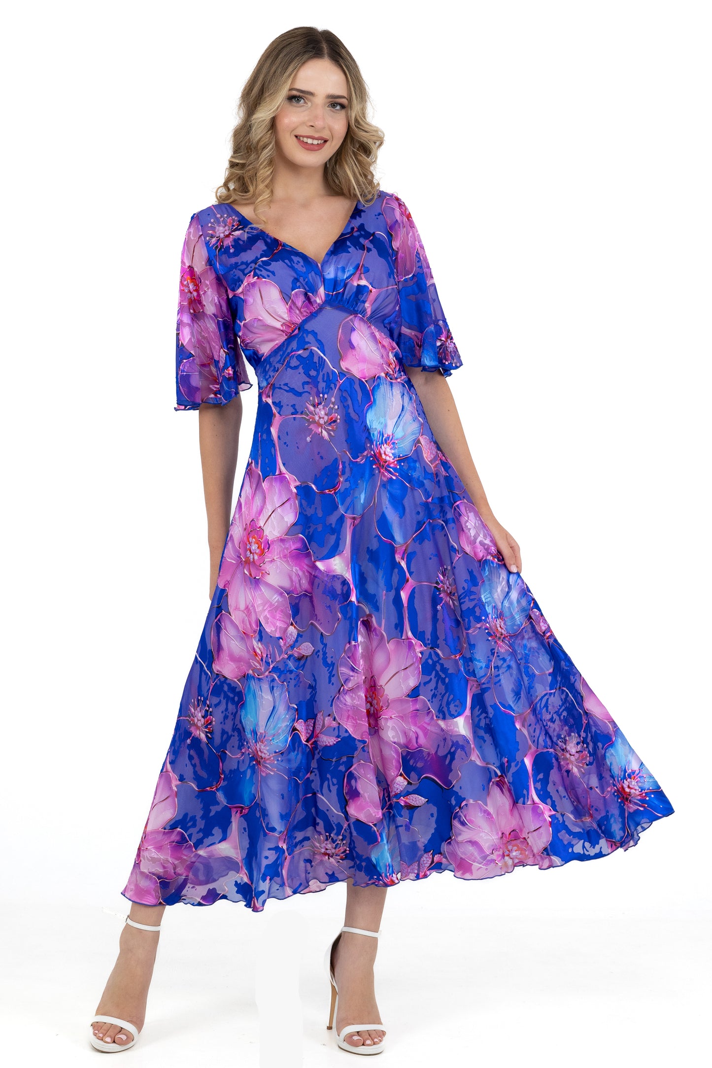 Allison Floral Print A-Line Silk Dress Blue/Fuchsia 6160-129