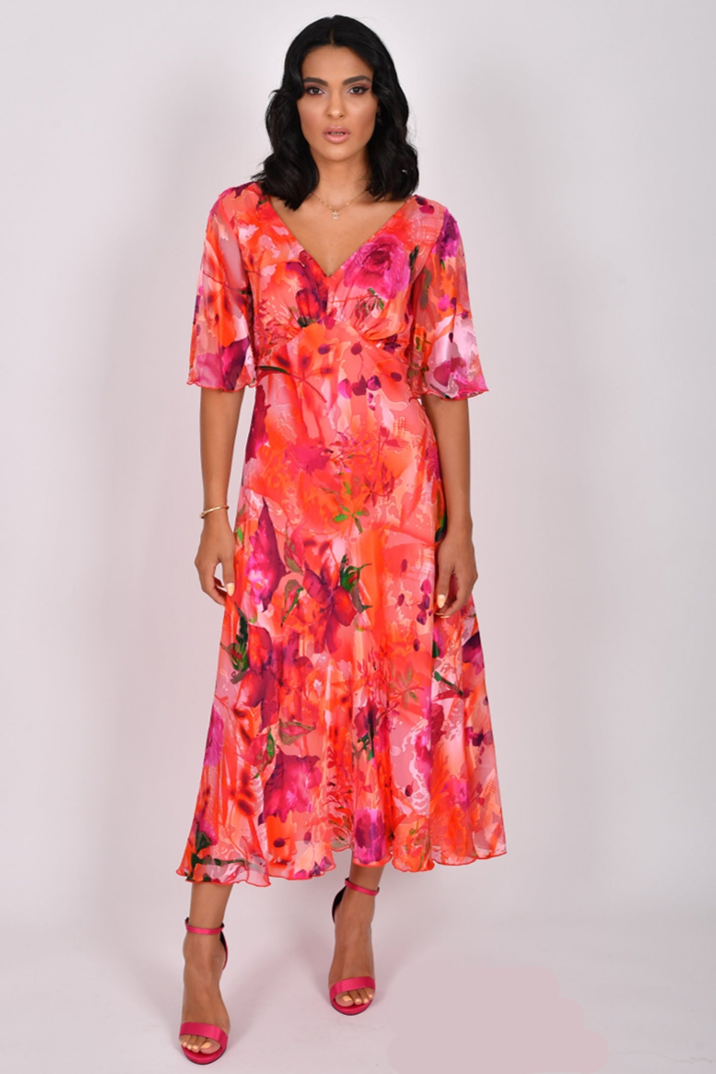 Allison Floral Print A-Line Silk Dress Red/Multi 6160-46