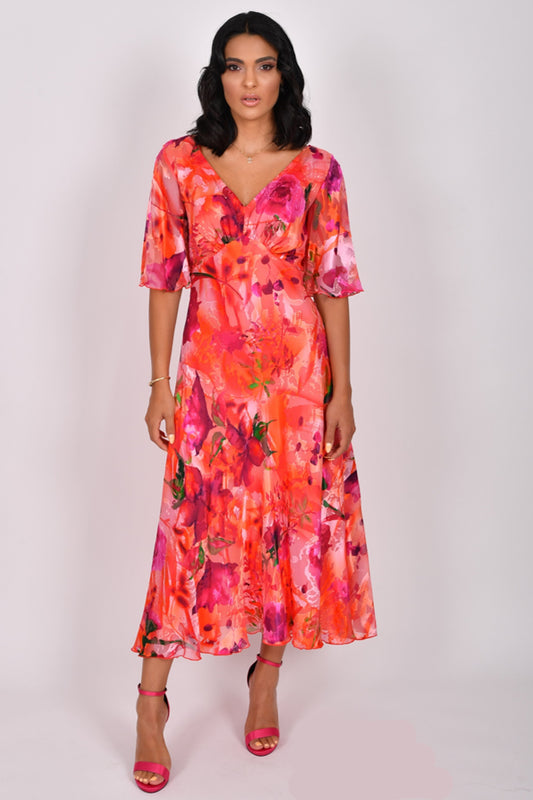 Allison Floral Print A-Line Silk Dress Red/Multi 6160-46