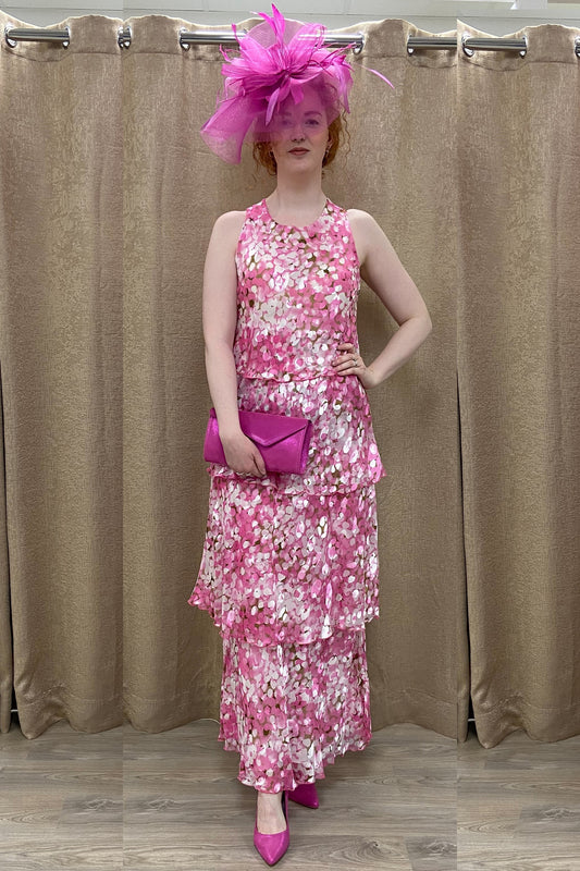 Allison Circle Print Layered Silk Dress - White Pink - 61157