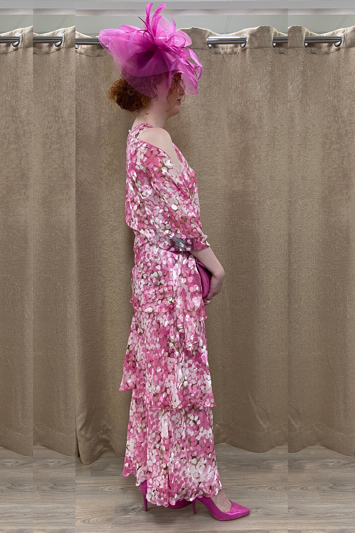 Allison Circle Print Layered Silk Dress - White Pink - 61157