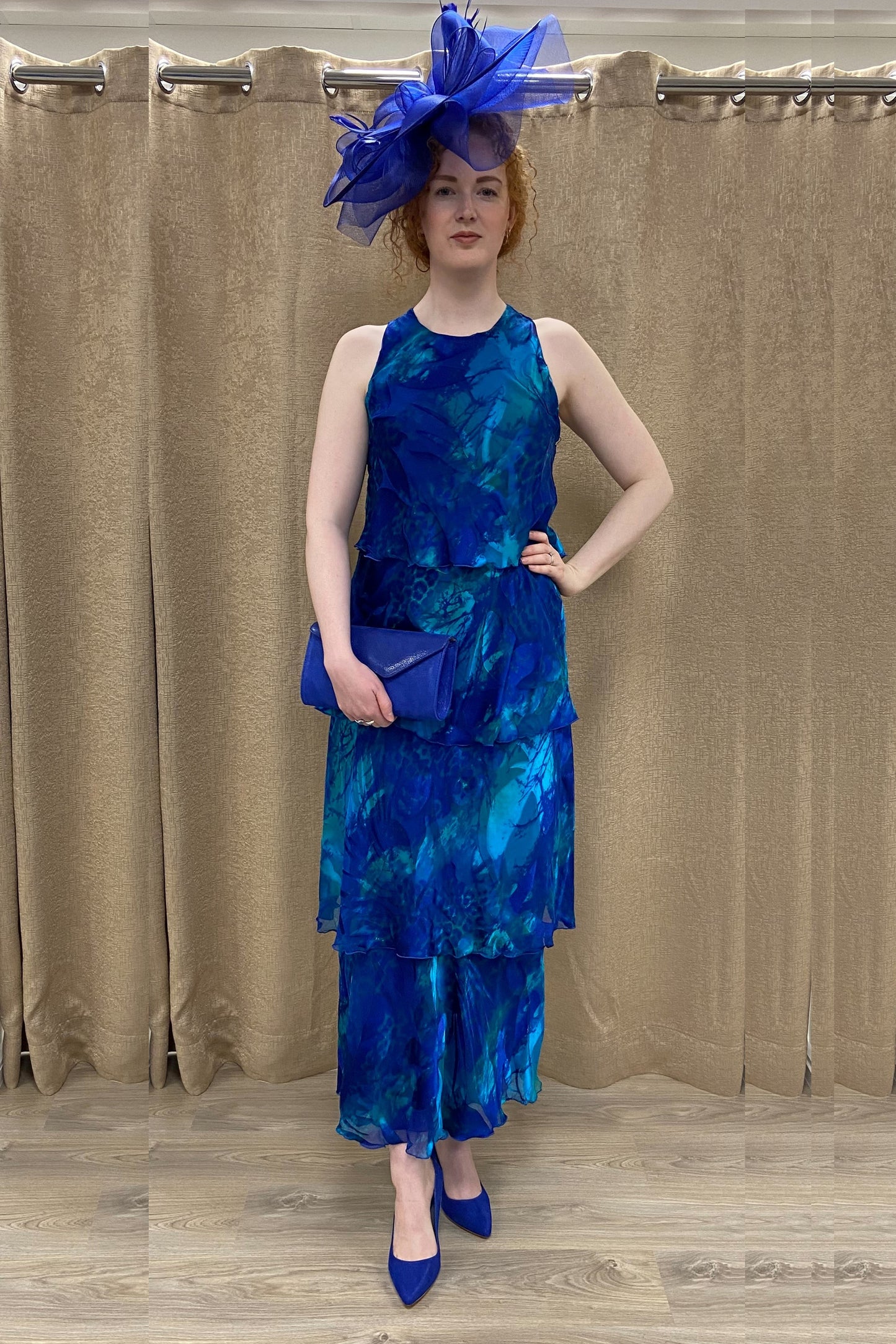 Allison Printed Layered Silk Dress - Royal Blue - 61157