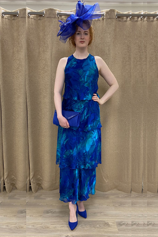 Allison Printed Layered Silk Dress - Royal Blue - 61157