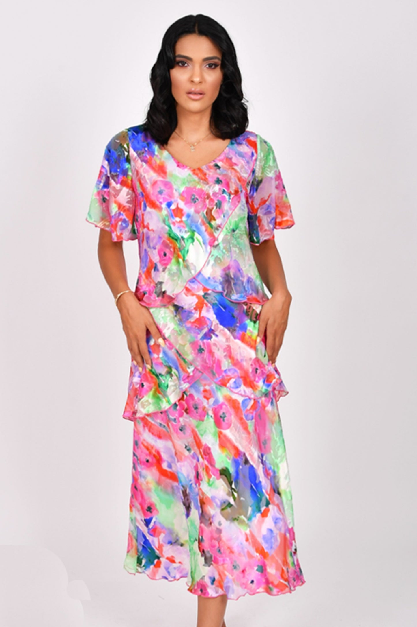 Allison Floral Print Layered Detail Silk Dress Fuchsia/Green 61161-52