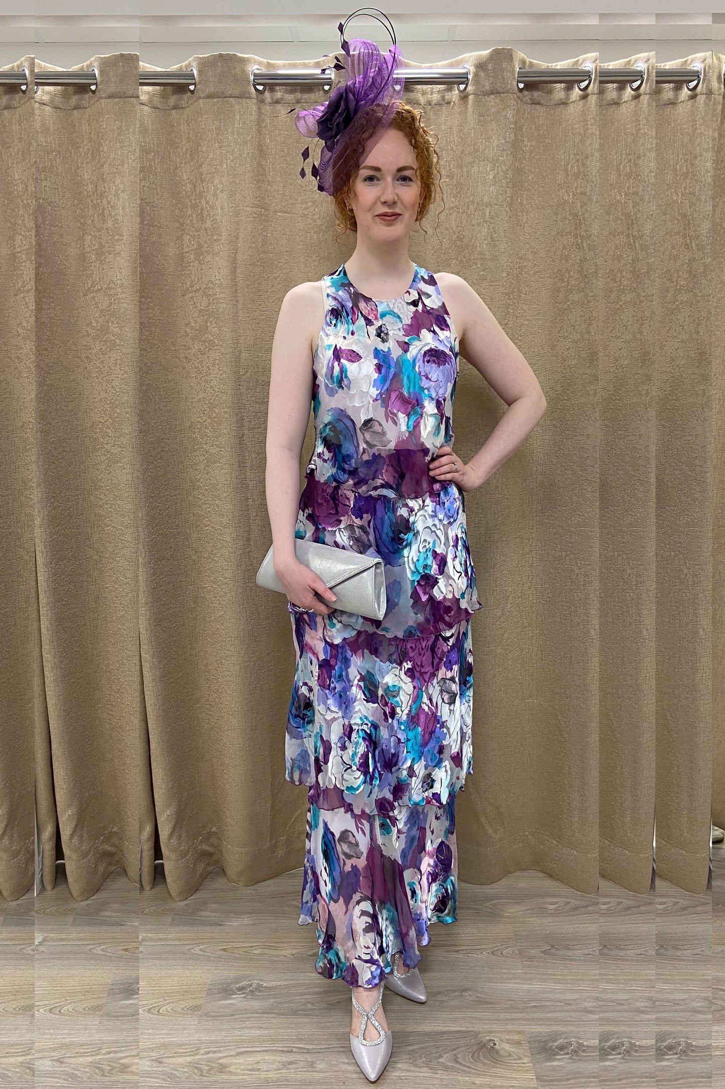 Allison Floral Print Layered Silk Dress Purple Rose 61157