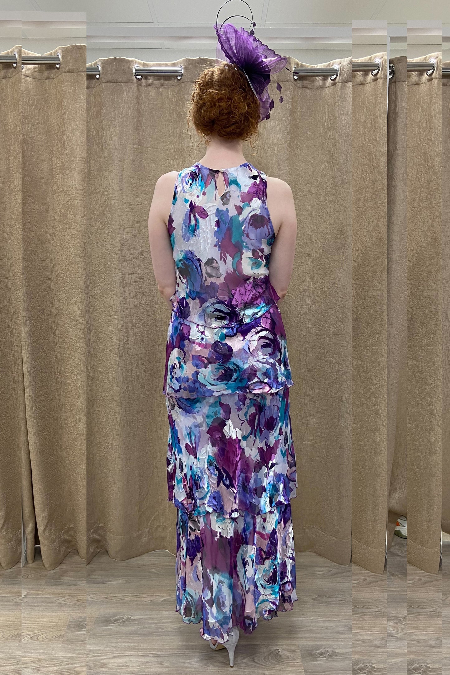 Allison Floral Print Layered Silk Dress Purple Rose 61157