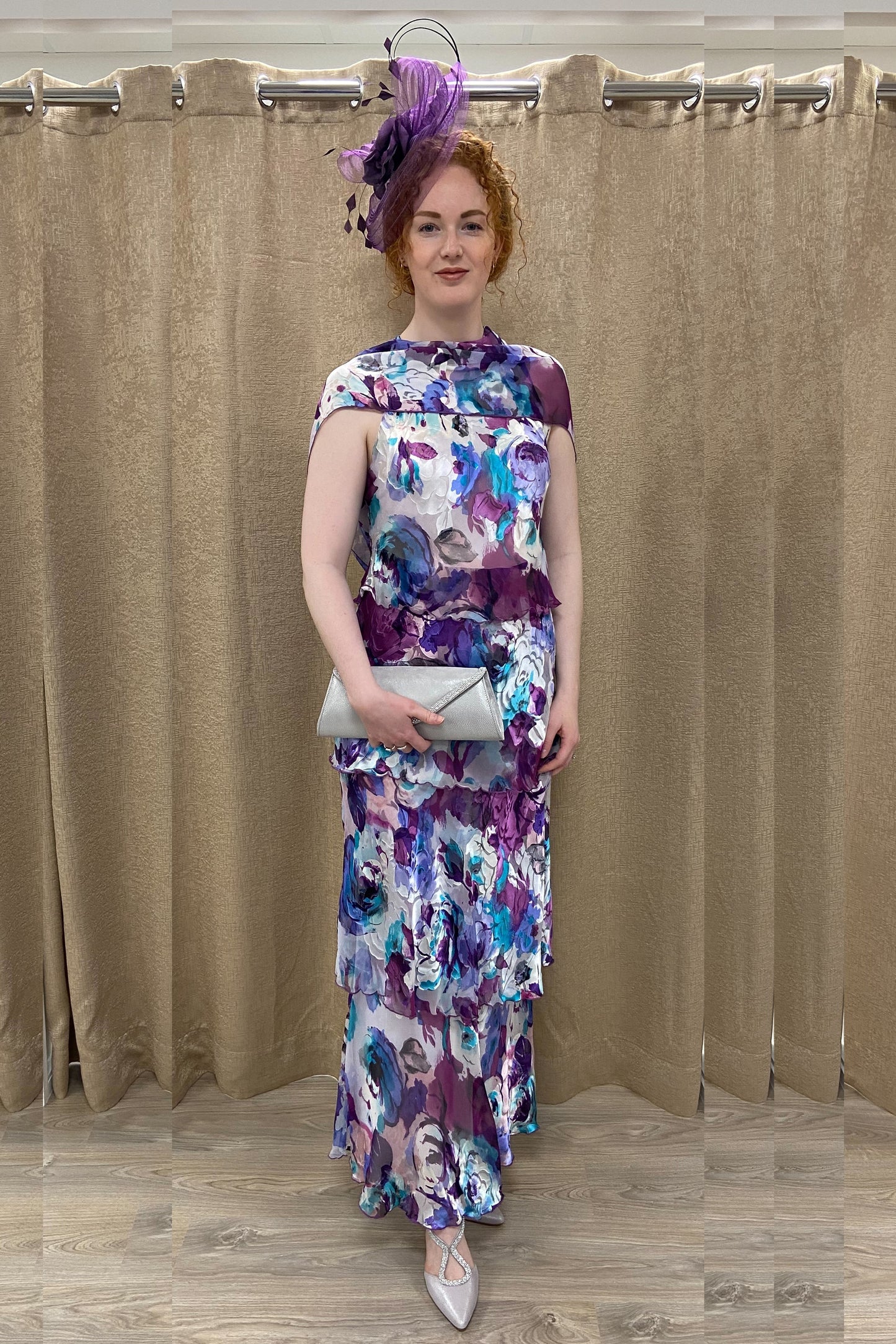 Allison Floral Print Layered Silk Dress Purple Rose 61157