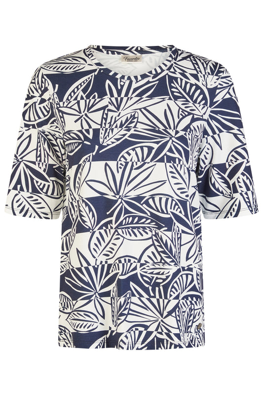 Barbara Lebek Short Sleeved Leaf Print With Stripes Navy 55670062-870