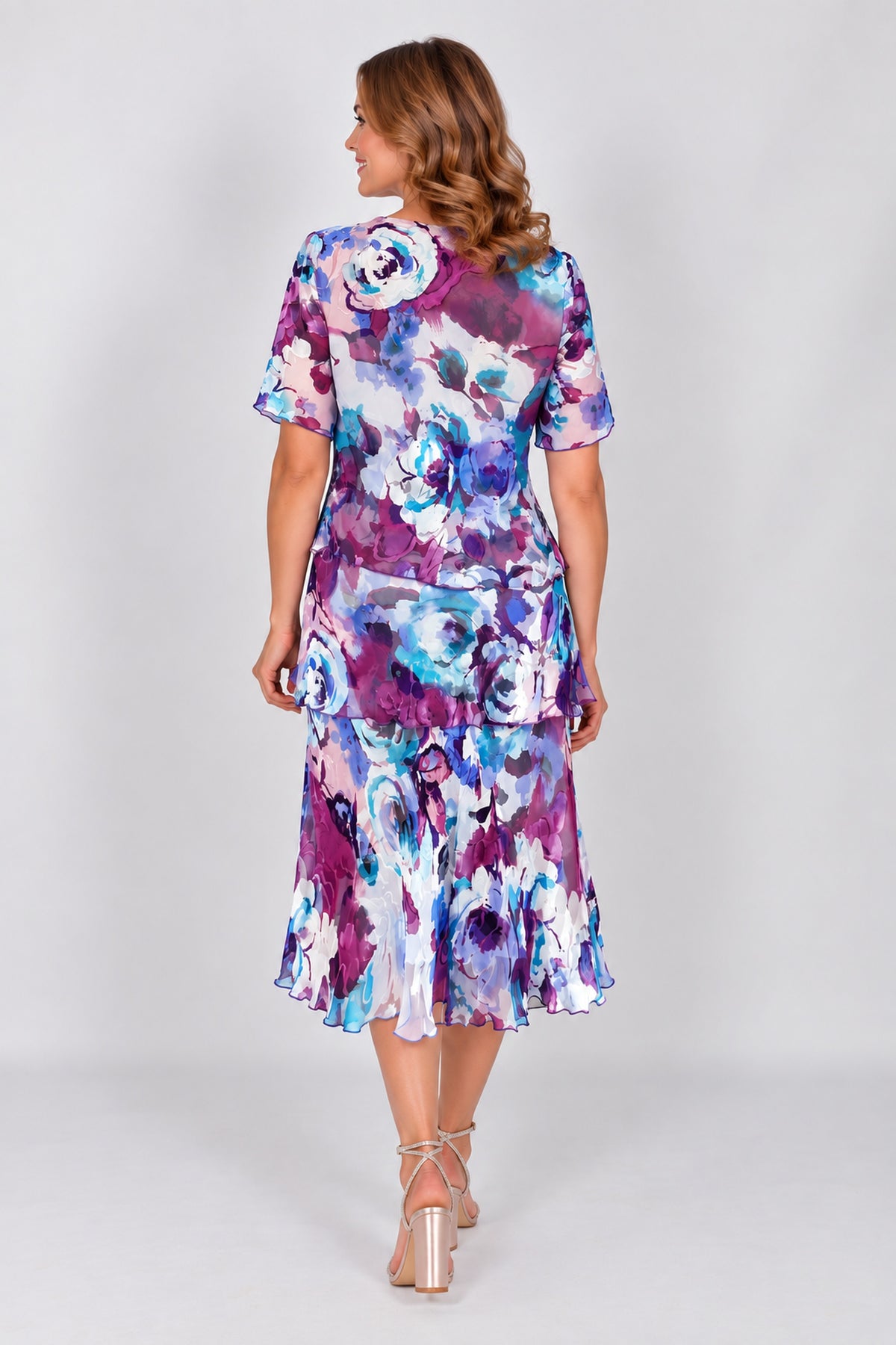 Allison Floral Print Layered Silk Dress Purple Rose 4797