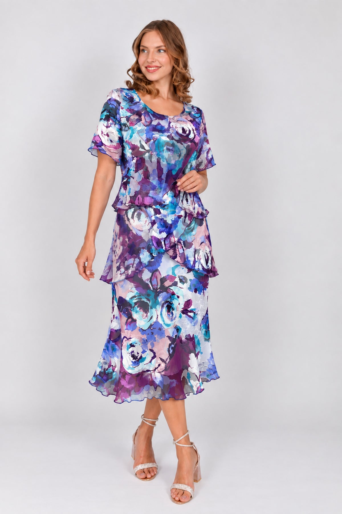 Allison Floral Print Layered Silk Dress Purple Rose 4797
