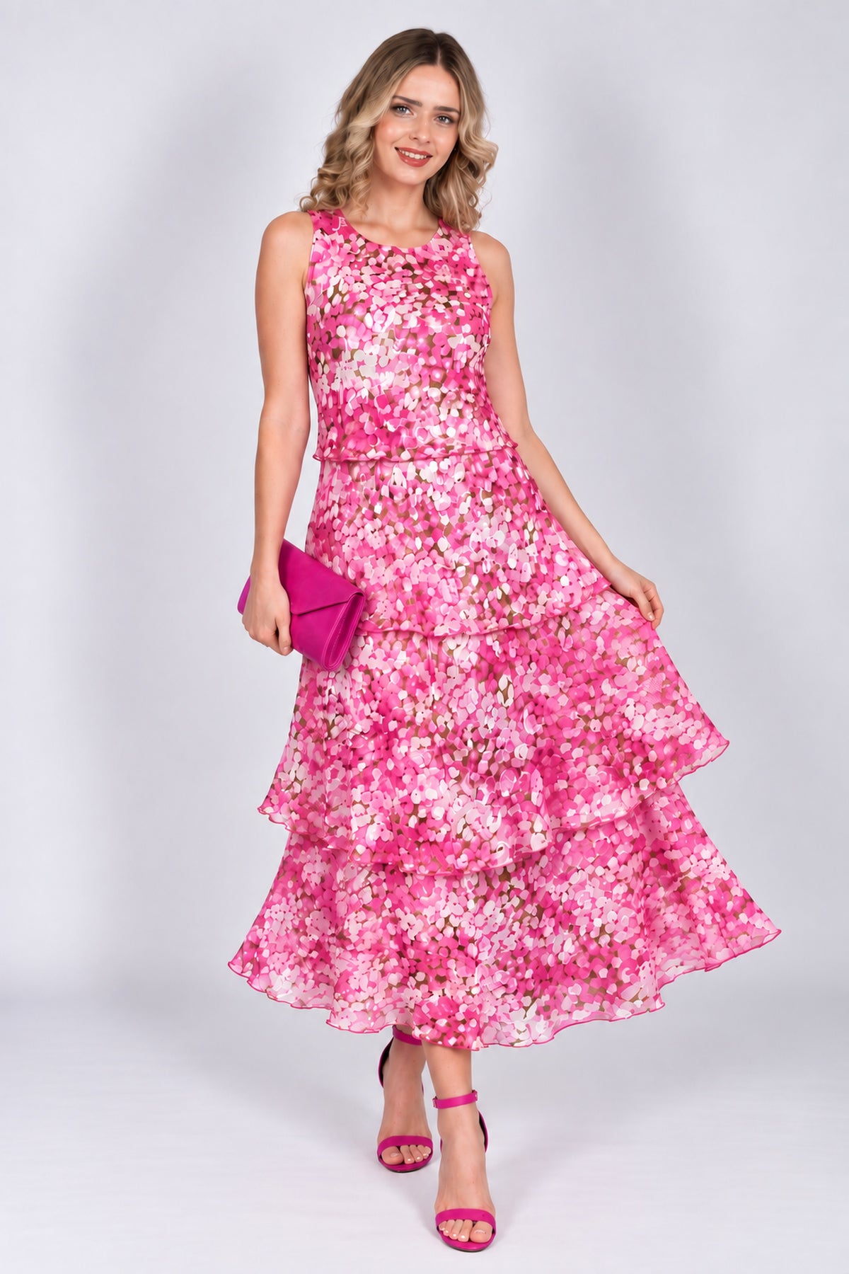 Allison Circle Print Layered Silk Dress White Pink 61157