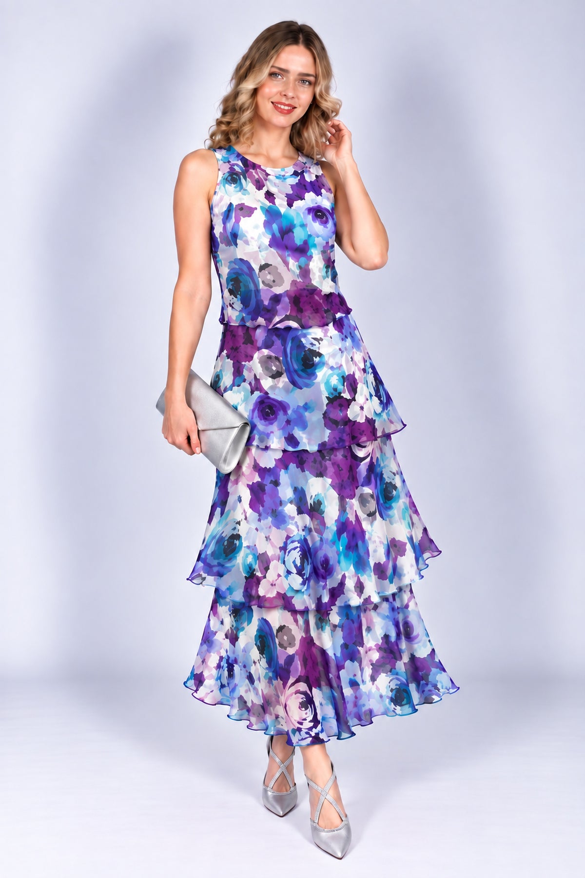 Allison Floral Print Layered Silk Dress Purple Rose 61157