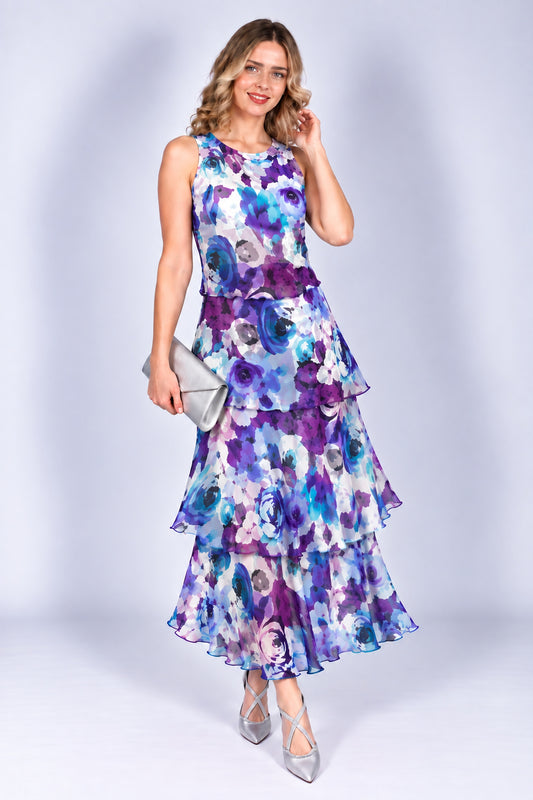 Allison Floral Print Layered Silk Dress Purple Rose 61157