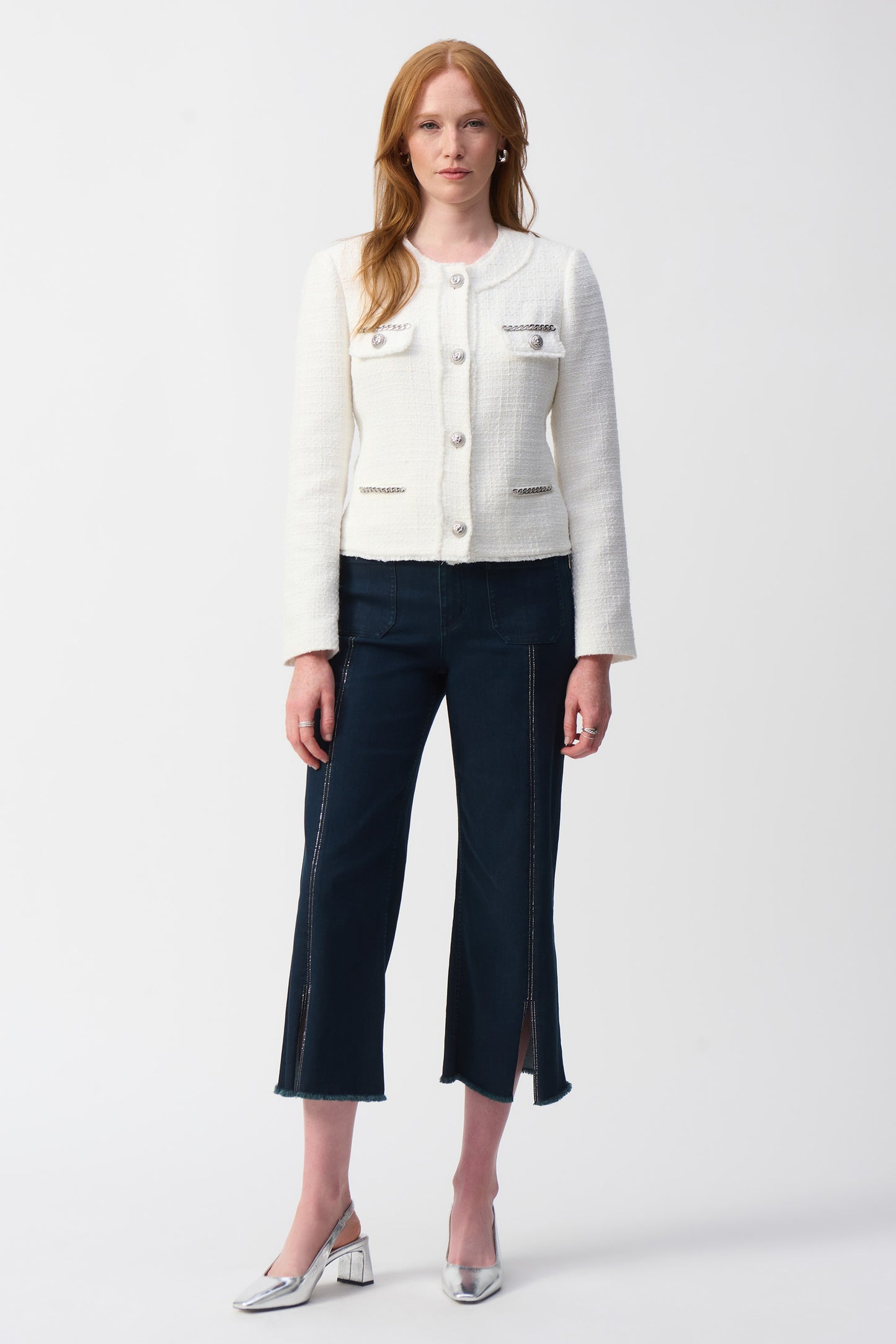 Joseph Ribkoff Bouclé Jacket with Chain Detail Winter White 251972-3984