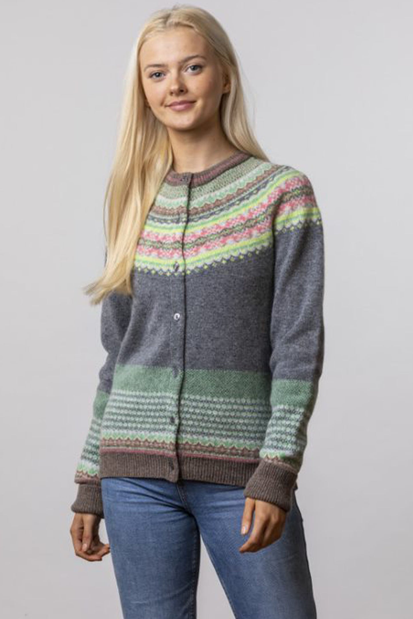 ERIBE Alpine Fairisle Yoke Pattern & Tweed Detail Cardigan Tearose C3735