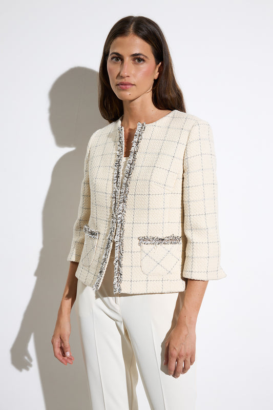 Bariloche Plaid Fringe Edging Tweed Blazer Natural Carrascal