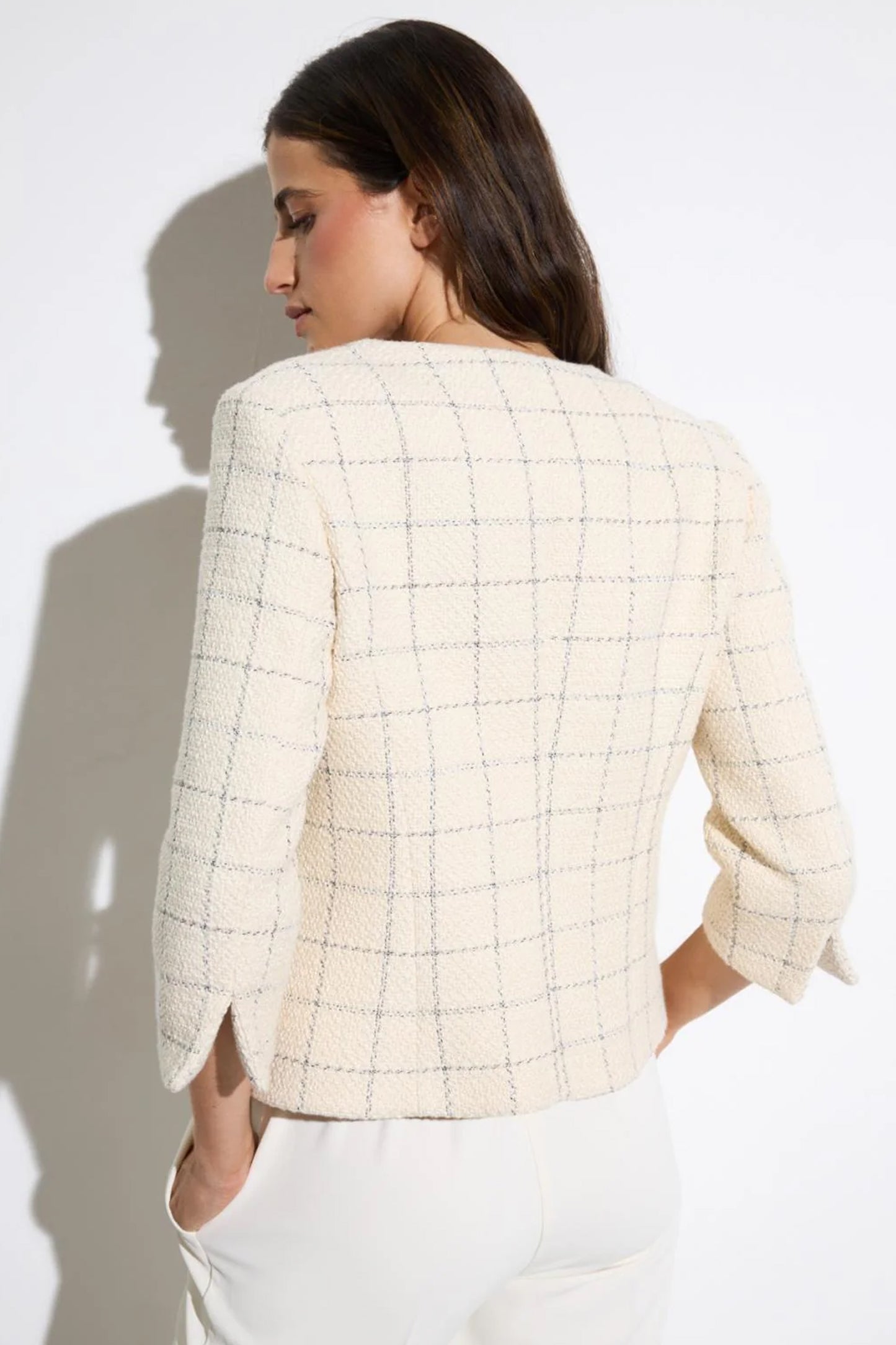 Bariloche Plaid Fringe Edging Tweed Blazer Natural Carrascal