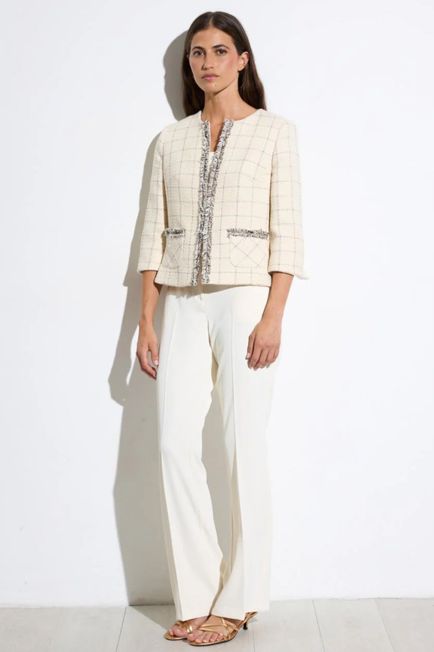 Bariloche Plaid Fringe Edging Tweed Blazer Natural Carrascal