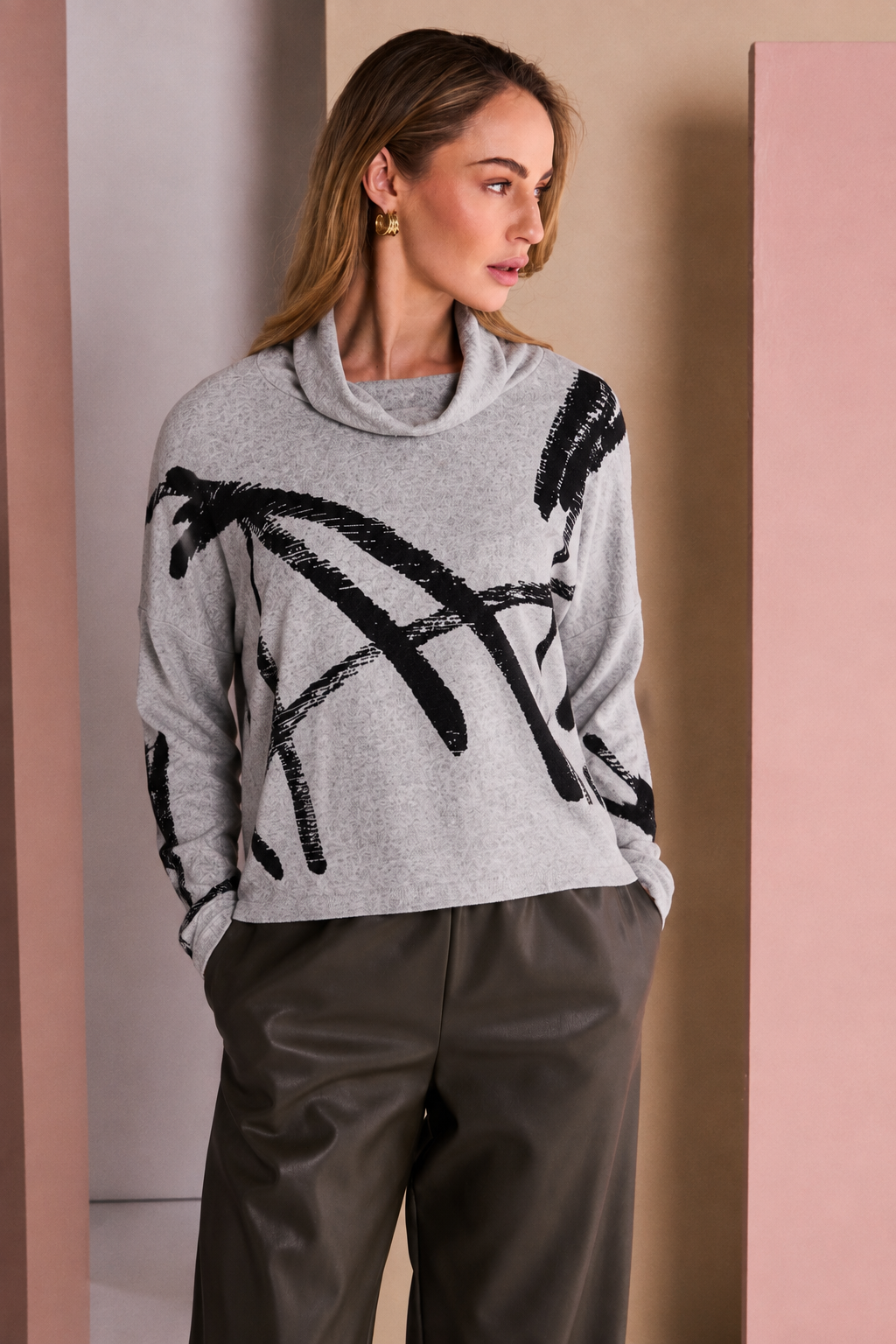 Naya Brush Stroke Print High Neck Top Silver/Black NAW26202-859