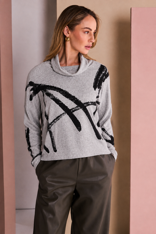 Naya Brush Stroke Print High Neck Top Silver/Black NAW26202-859