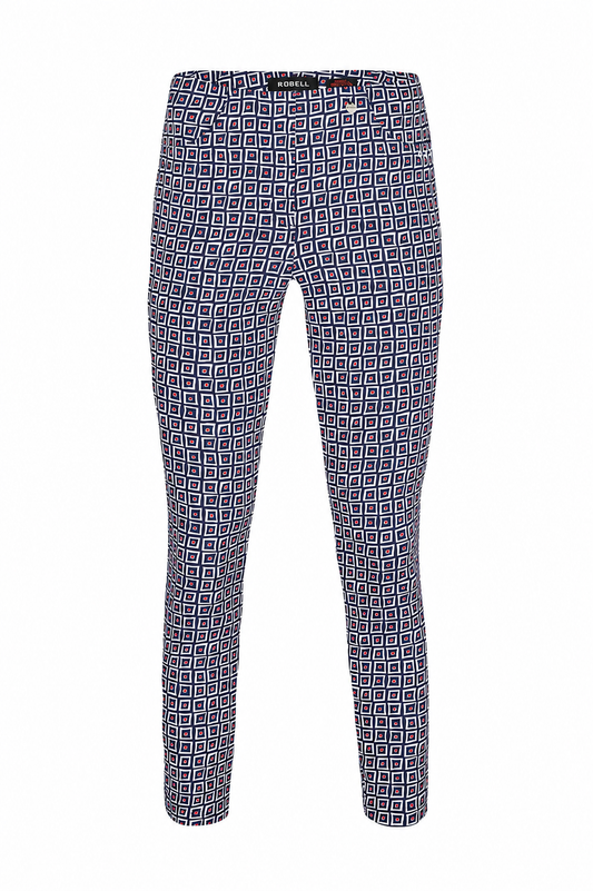 Robell Bella 09 Geometric Print Trousers Navy/Red 52483-54885-68