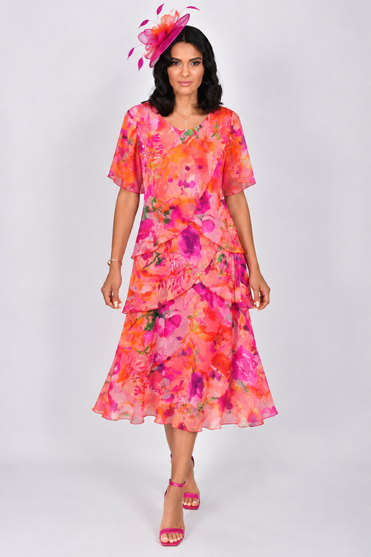 Allison Floral Print Layered Silk Dress Red 4797-46