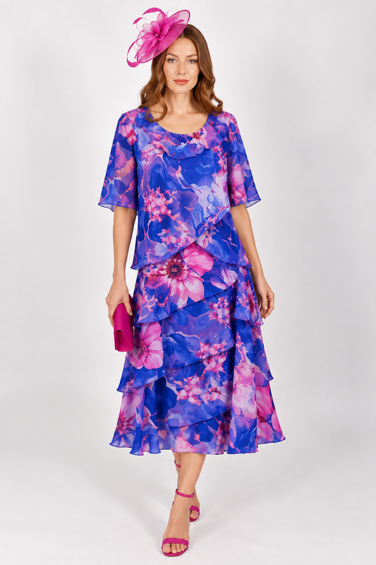 Allison Floral Print Layered Silk Dress Blue Fuchsia 4797-129
