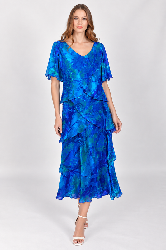 Allison Floral Print Layered Detail Silk Dress Royal Blue 61161-23