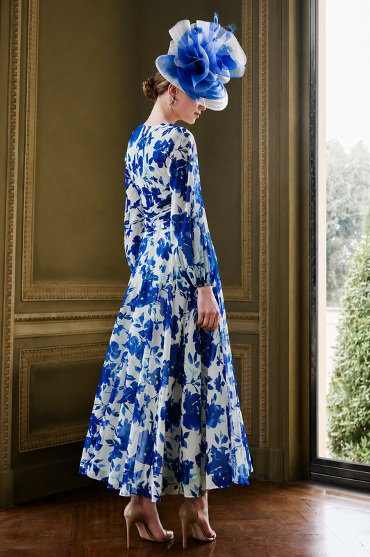 Couture Club Floral Print Chiffon Dress Cobalt/Ivory 1G1C6