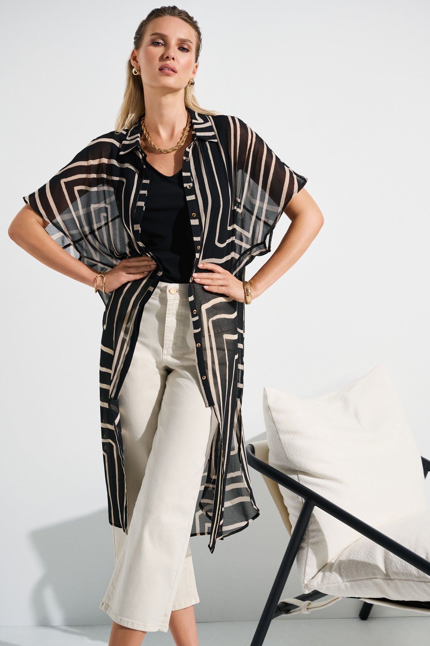 Joseph Ribkoff Chiffon Geometric Print Blouse Black/Beige 252934-113