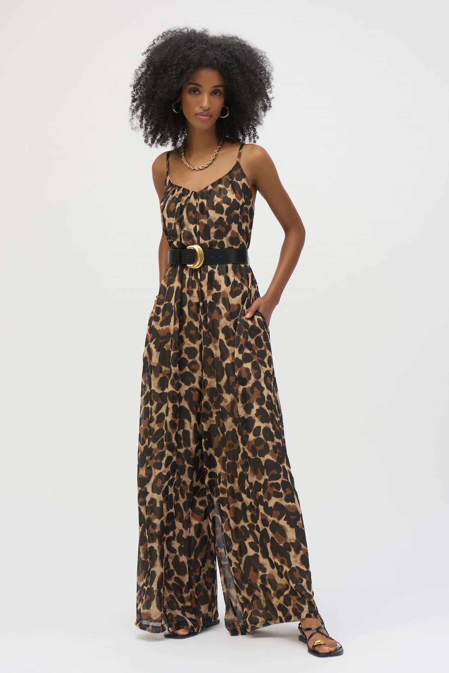 Joseph Ribkoff Chiffon Animal Print Wide Leg Jumpsuit Beige/Black 252936-295