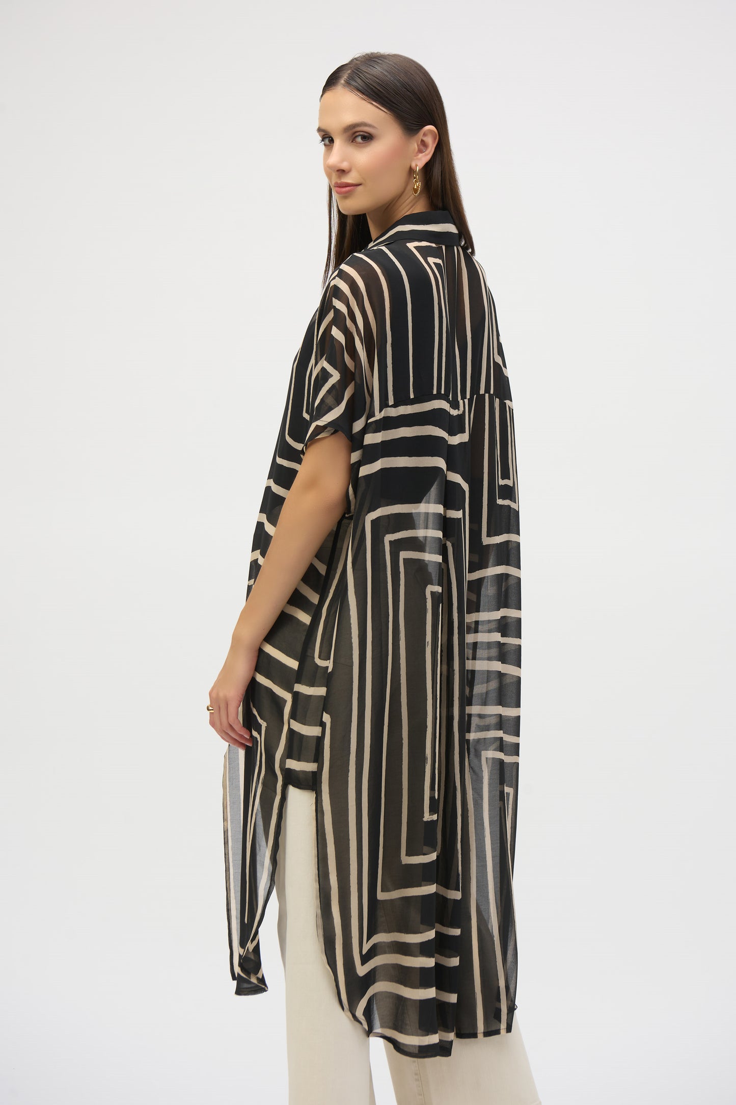 Joseph Ribkoff Chiffon Geometric Print Blouse Black/Beige 252934-113