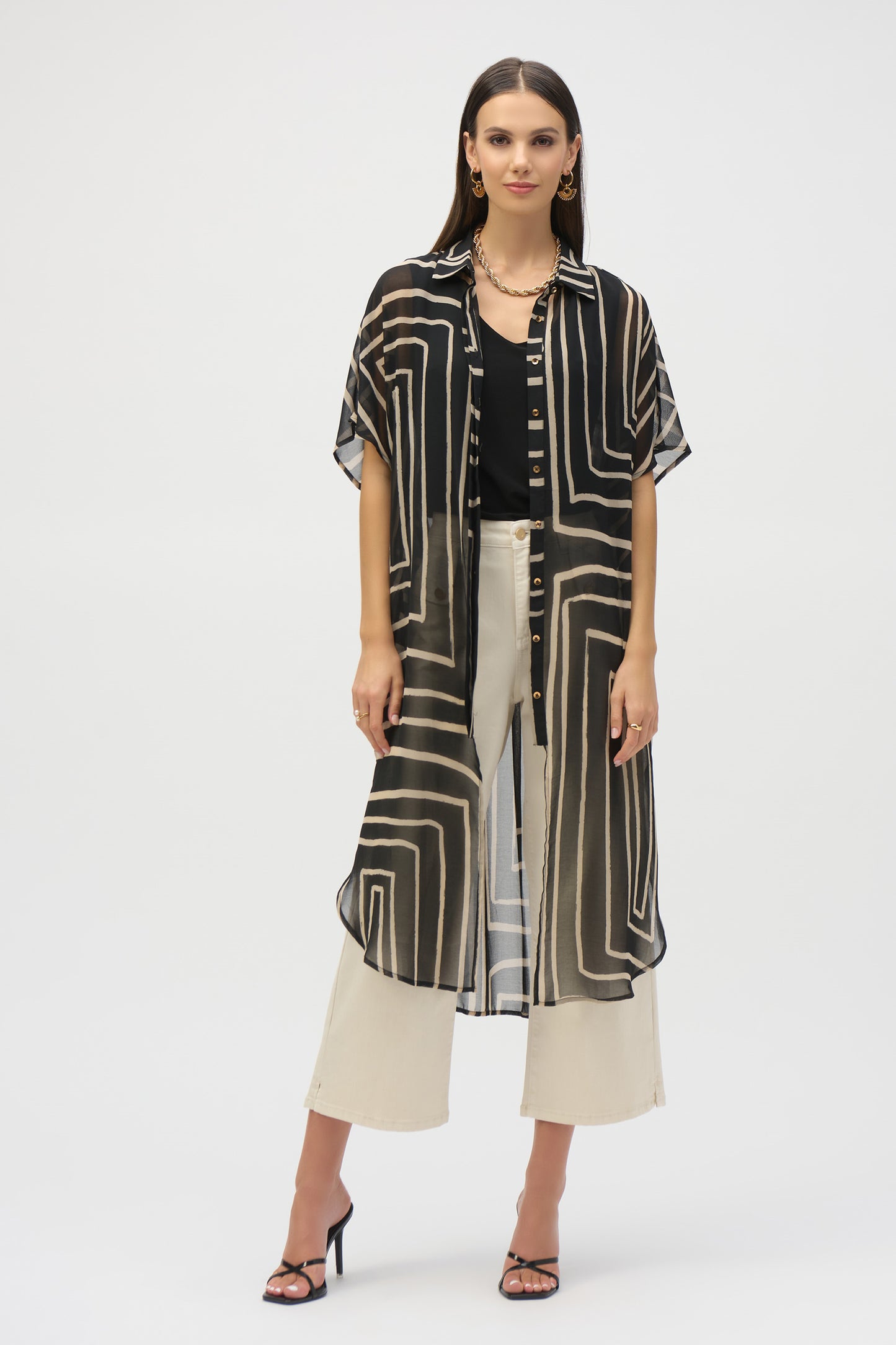 Joseph Ribkoff Chiffon Geometric Print Blouse Black/Beige 252934-113