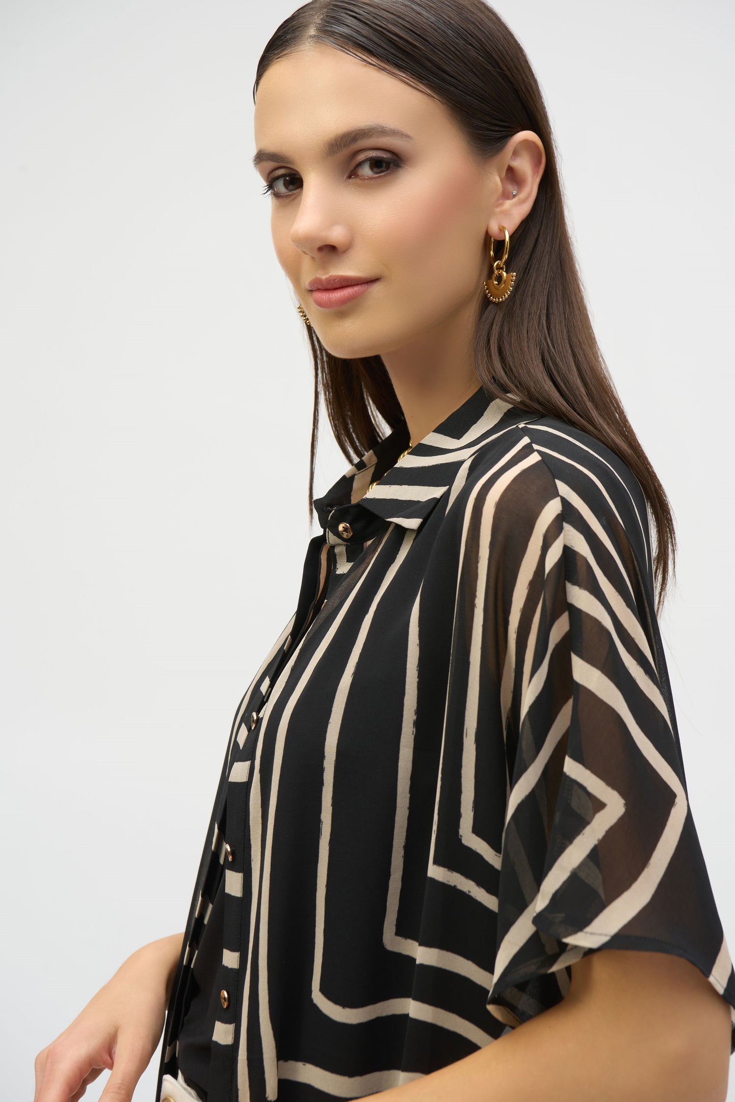 Joseph Ribkoff Chiffon Geometric Print Blouse Black/Beige 252934-113