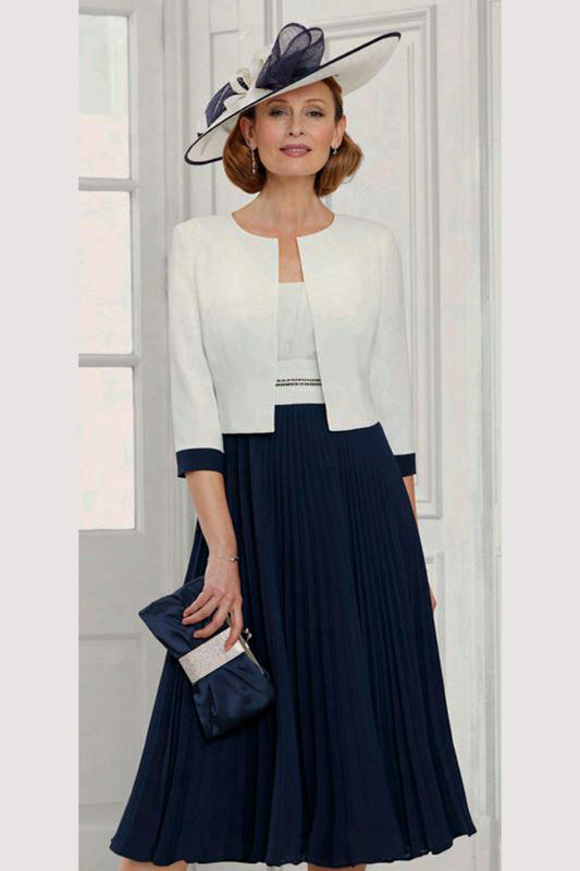 Condici A-Line Pleated Skirt Dress & Jacket - Cream/Navy - 71141-04