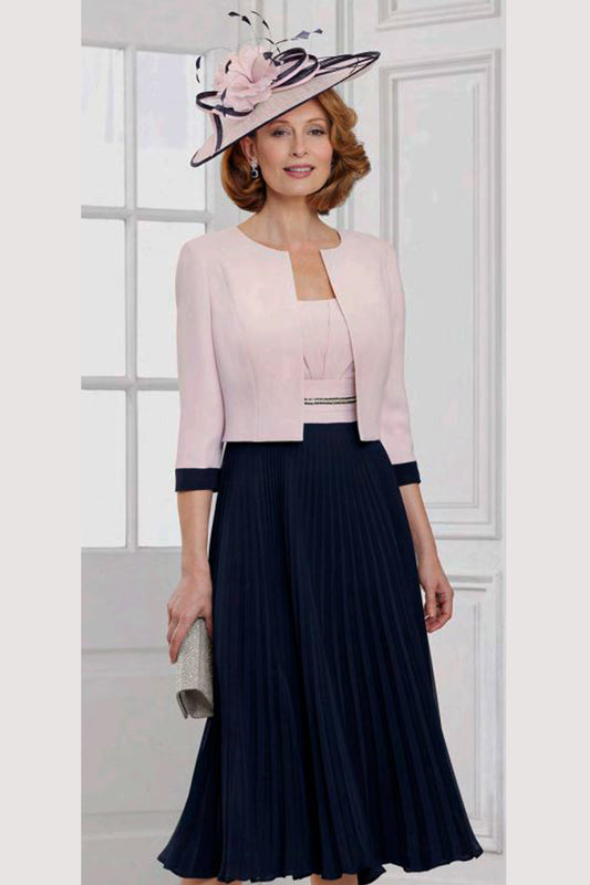 Condici A-Line Pleated Skirt Dress & Jacket - Pink Fondant/Navy - 71141-64