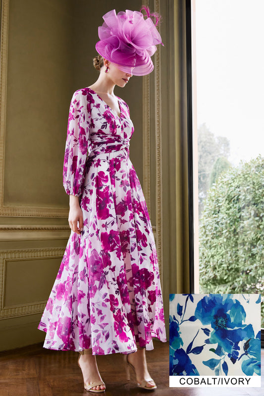 Couture Club Floral Print Chiffon Dress Cobalt/Ivory 1GC6