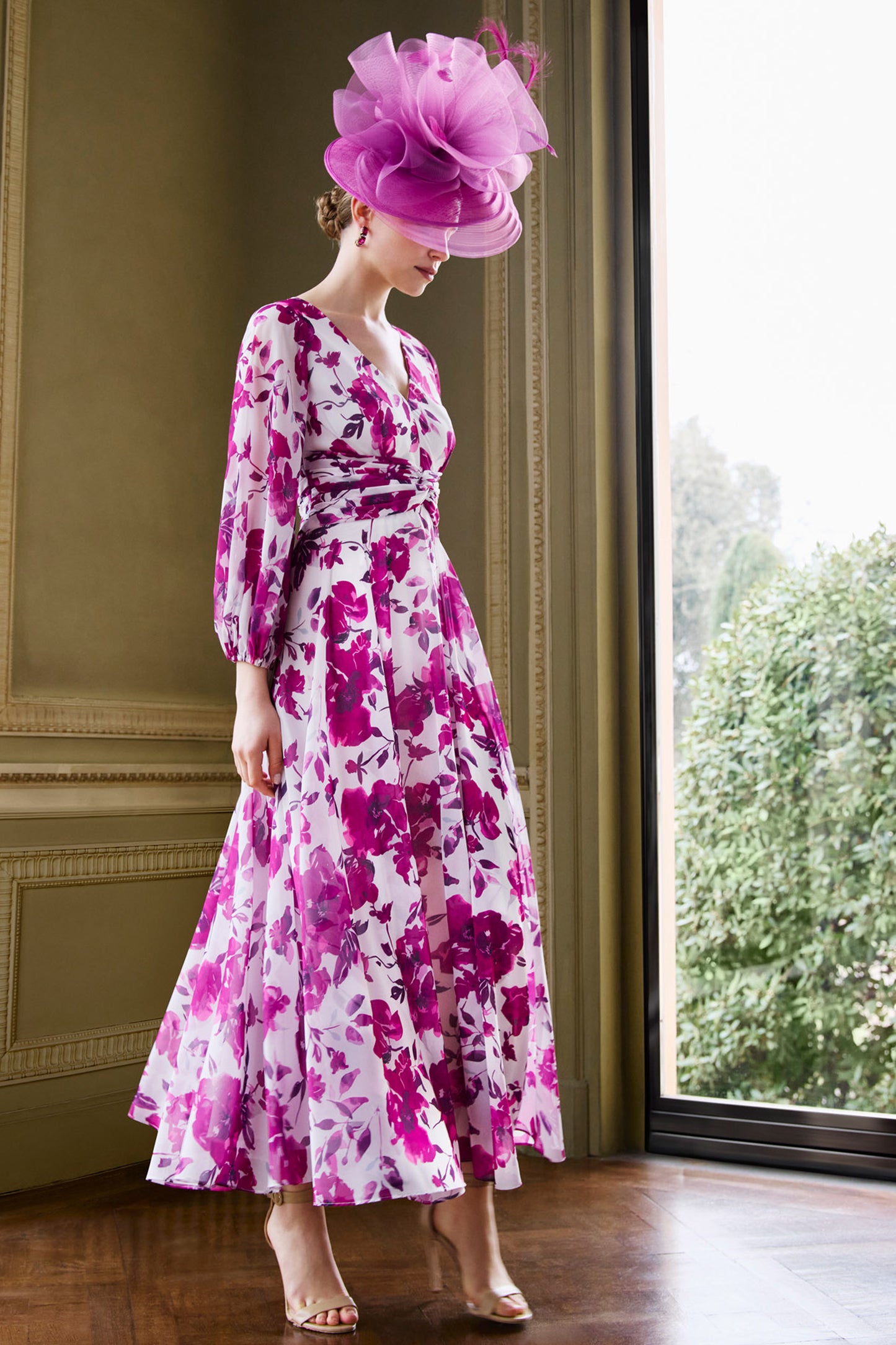 Couture Club Floral Print Chiffon Dress Geranium/Ivory 1G1C6