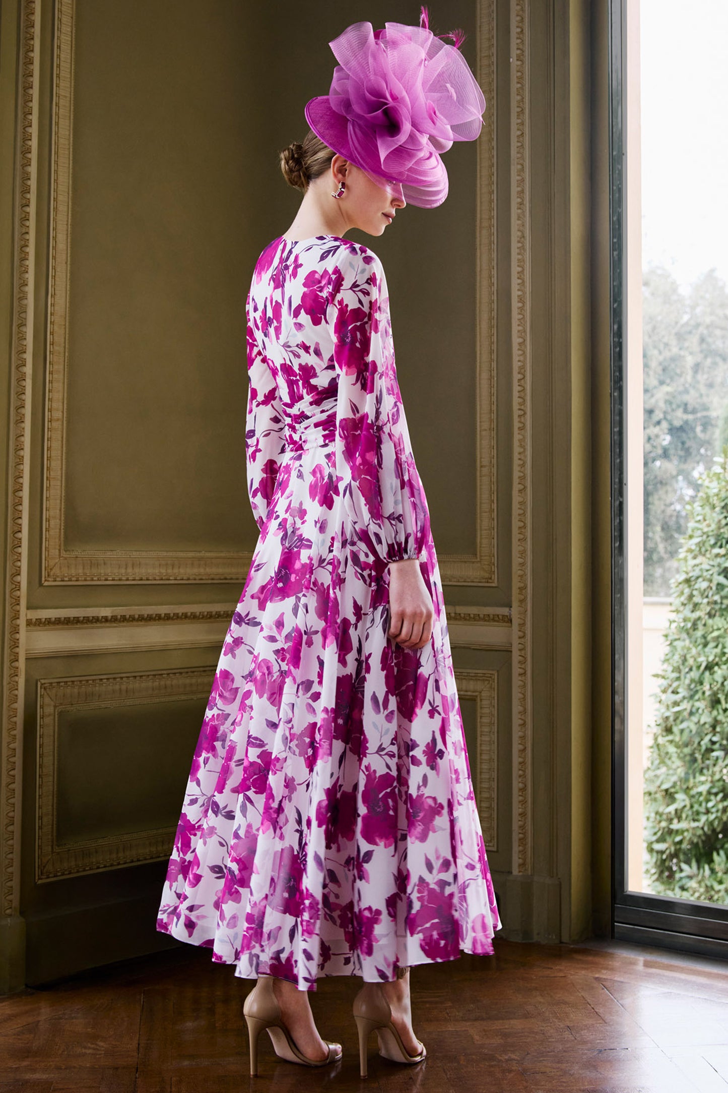 Couture Club Floral Print Chiffon Dress Geranium/Ivory 1G1C6