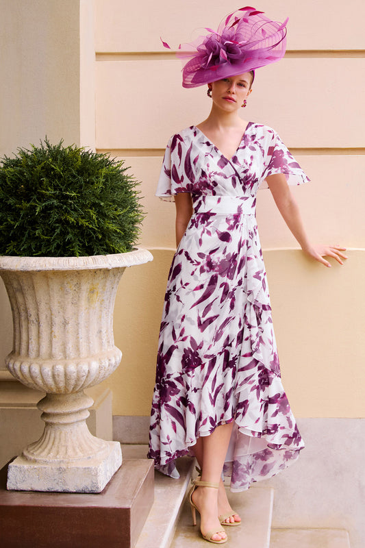 Couture Club Printed Chiffon High-Low Dress Eggplant/Ivory 1GC3