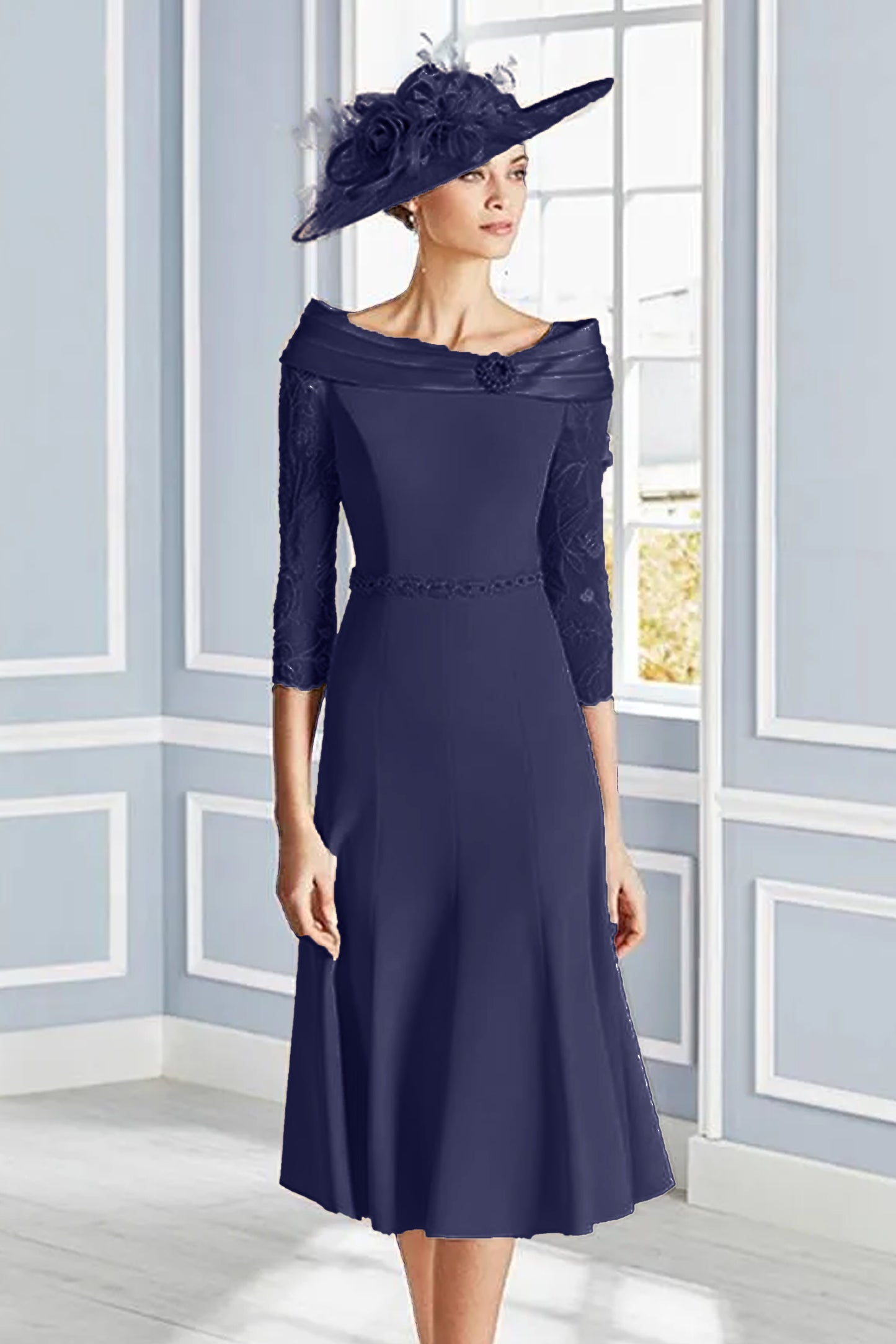 Couture Club Brooch & Lace Detail Dress Navy 4G185