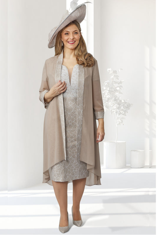 Dressed Up by Veromia Textured Dress with Chiffon Coat Ivory/Beige DU483