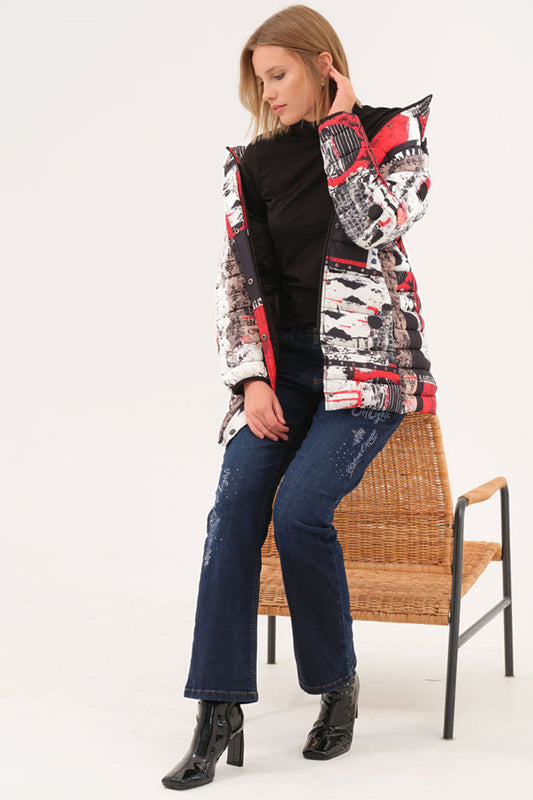 Dolcezza "Bookworn" Print Quilted Jacket Red/Black 75836