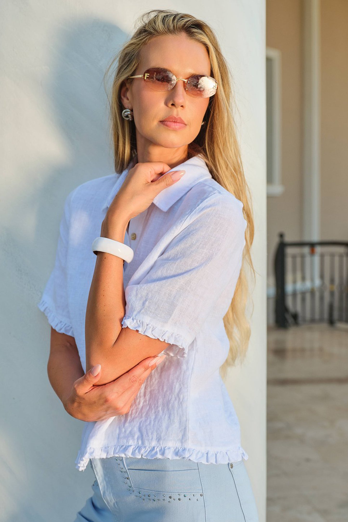 Dolcezza Frill Detail Linen Top White 26221