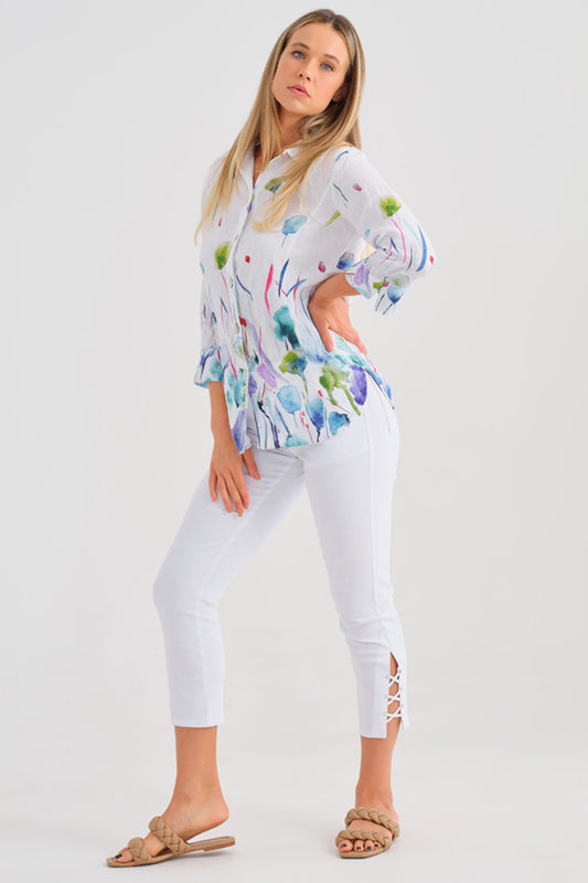 Dolcezza "Misty Blossom" By Majella LeBlanc Floral Linen Shirt Multi 25781