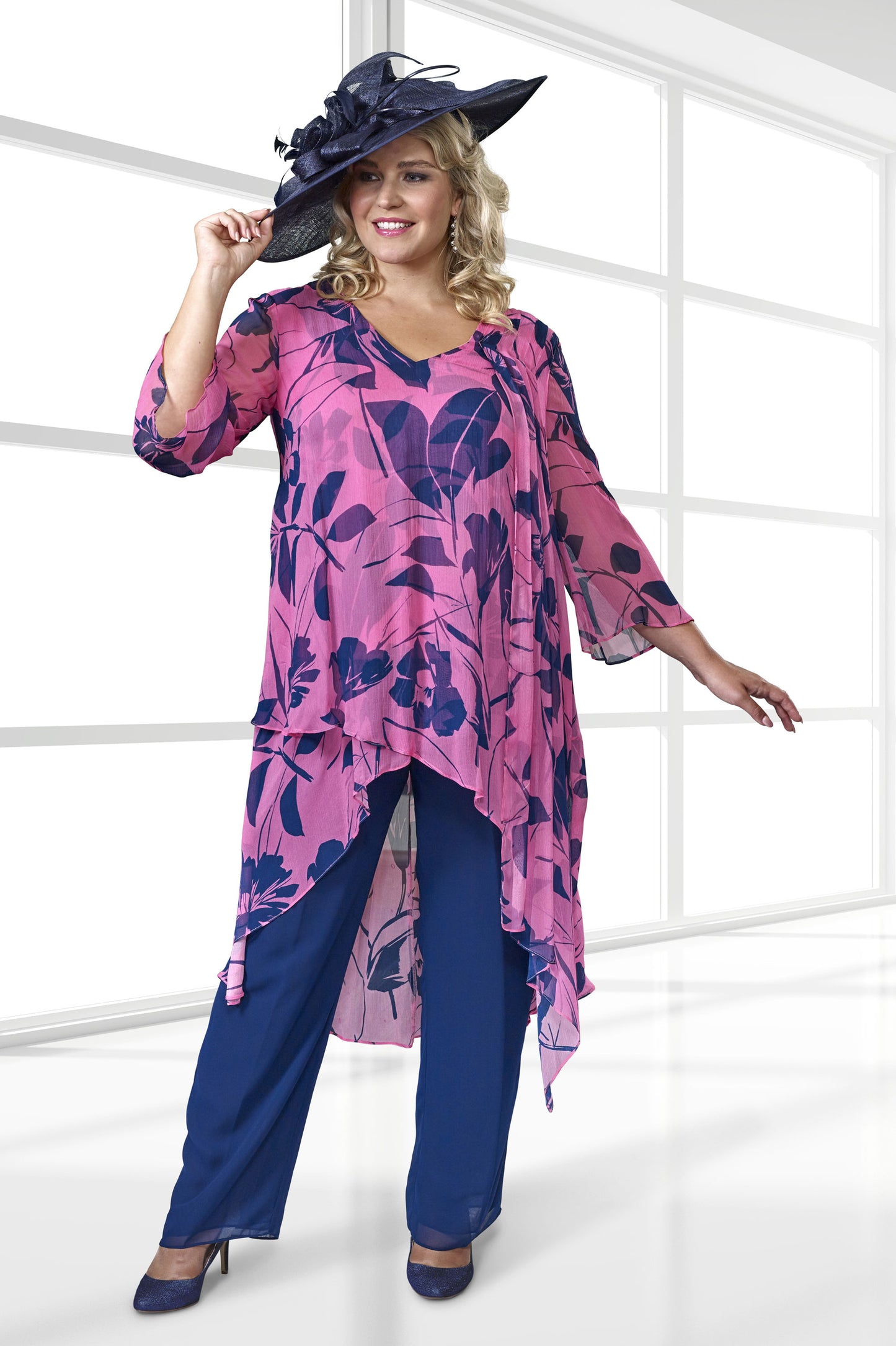 Dressed Up by Veromia Chiffon Overlay Printed Two Piece Set - Fuchsia/Navy - DU522