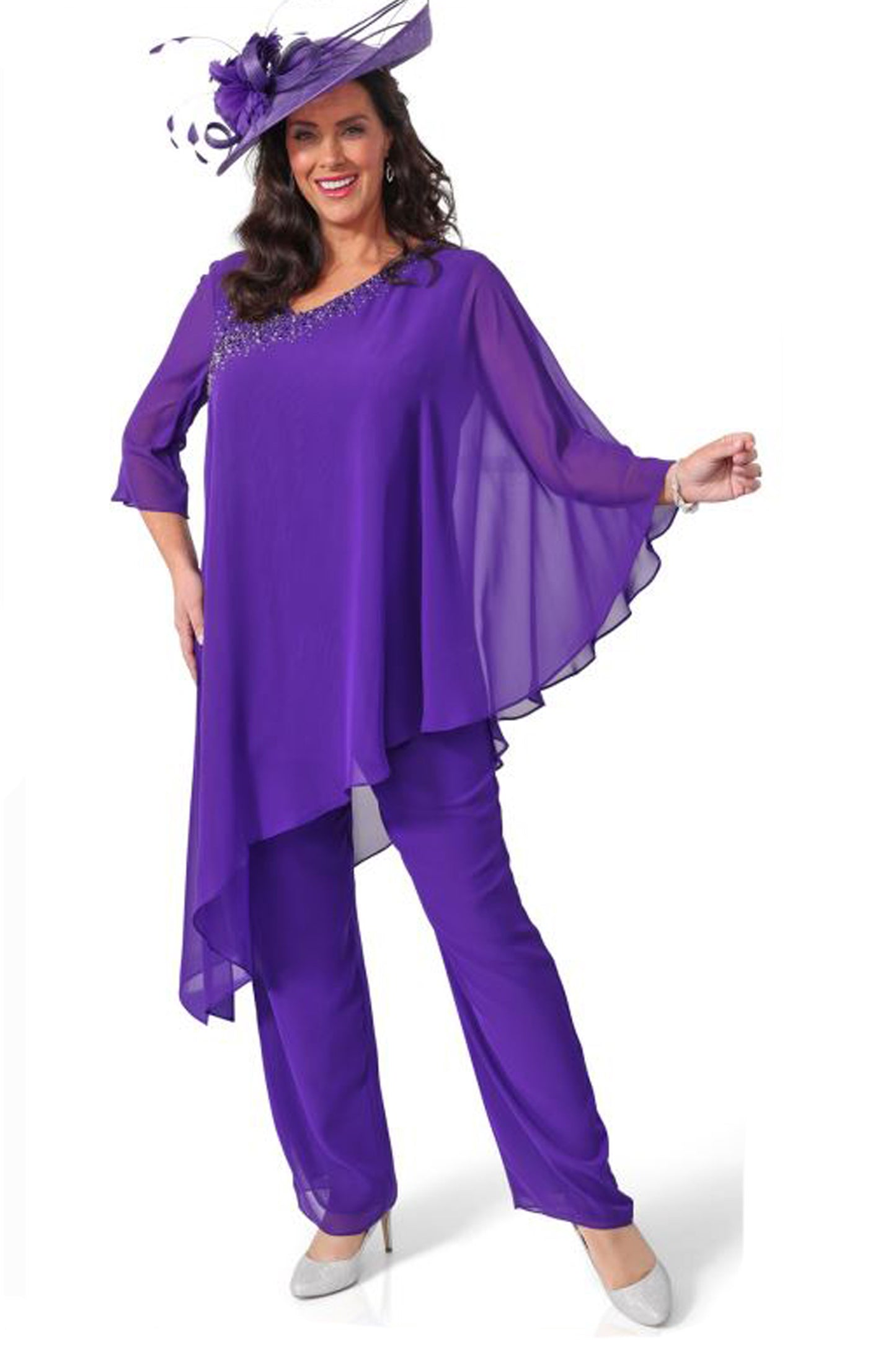 Dressed Up by Veromia Asymmetric Chiffon Overlay 2pc Trouser Suit - Purple - DU605